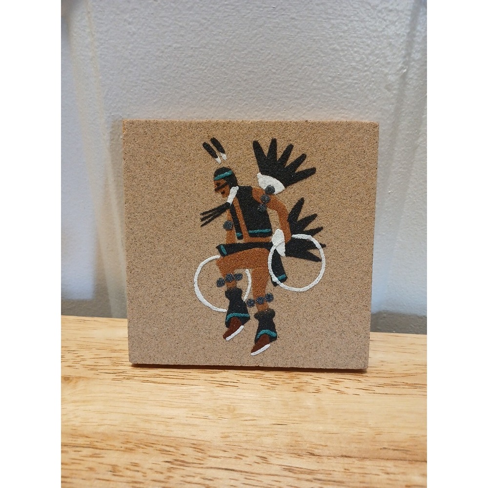 Hoop Dancer Sand Painting Wood Tile Vintage Native American Sand Torlacheene 4"